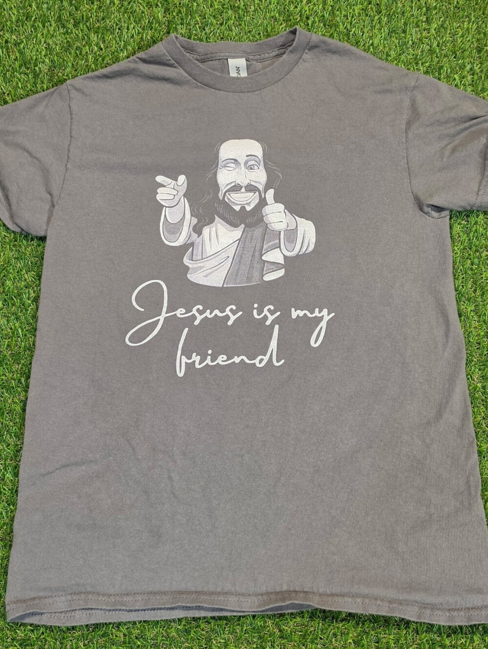 Gildan Heavy Cotton Gray T-Shirt Jesus Is My Friend Graphic,